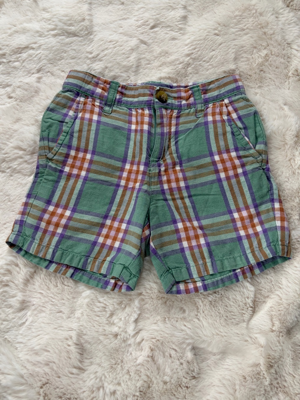 Plaid Cotton Shorts in Green, Purple & Brown